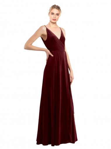 Bordeaux Trapèze Col V Velours Stretch Longue Formelles Robes demoiselle d'honneur / Robes de soirée / Robes de bal Pas Chre