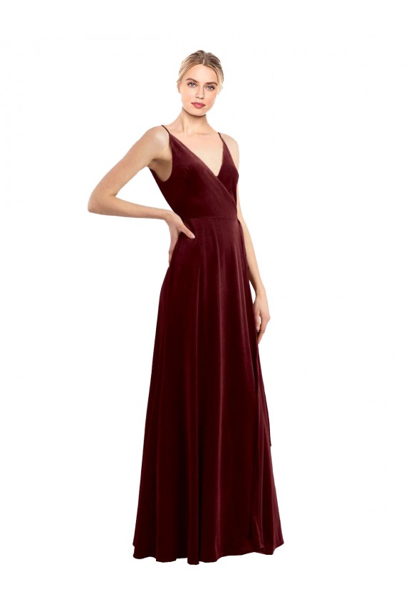 Bordeaux Trapèze Col V Velours Stretch Longue Formelles Robes demoiselle d'honneur / Robes de soirée / Robes de bal Pas Chère