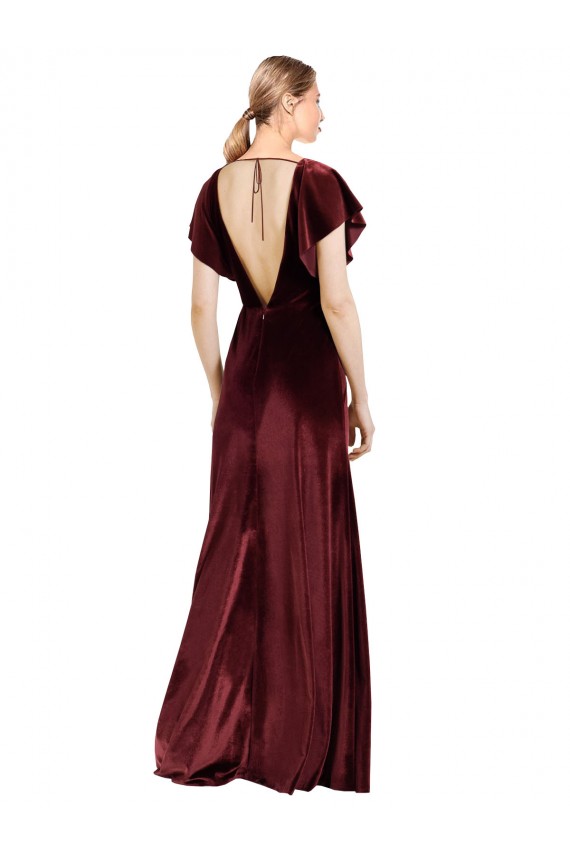 Bordeaux Trapèze Col V Velours Stretch Longue Robes demoiselle d'honneur / Robes de bal Pas Chère