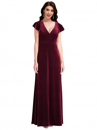 Bordeaux Trapèze Col V Velours Stretch Longue Robes demoiselle d'honneur / Robes de bal Pas Chre