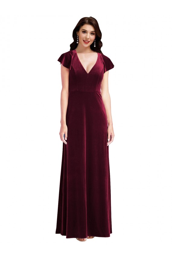 Bordeaux Trapèze Col V Velours Stretch Longue Robes demoiselle d'honneur / Robes de bal Pas Chère