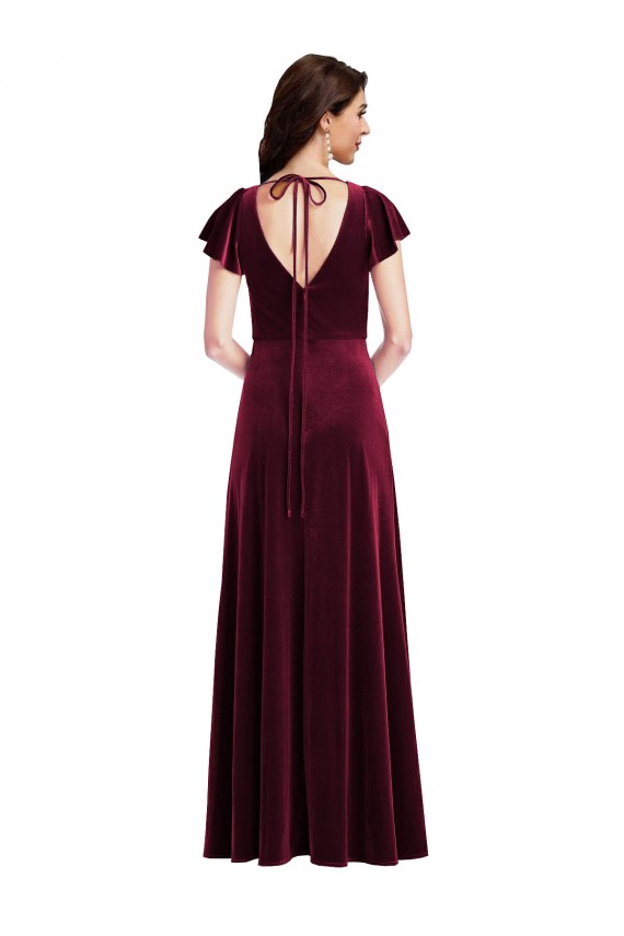 Bordeaux Trapèze Col V Velours Stretch Longue Robes demoiselle d'honneur / Robes de bal Pas Chère