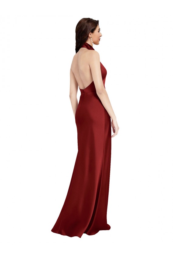 Bordeaux Trapèze Licou Satiné Stretch Longue Formelles Robes demoiselle d'honneur / Robes de soirée / Robes de bal Pas Chère