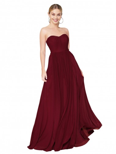 Bordeaux Trapèze Sans bretelle Mousseline Longue Formelles Robes demoiselle d'honneur / Robes de soirée / Robes de bal Pas Chre