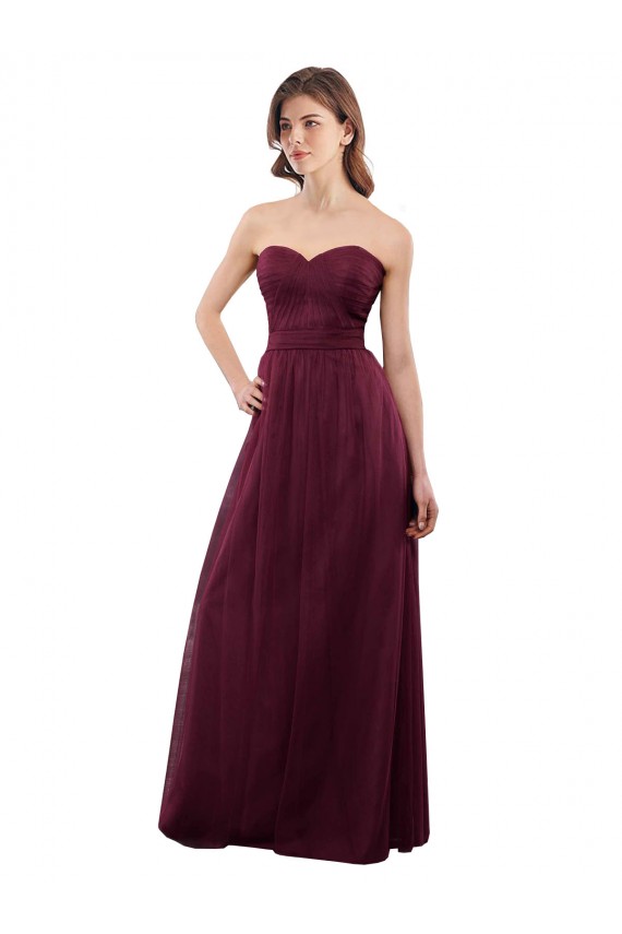 Bordeaux Trapèze Sans bretelle Tulle Longue Robes demoiselle d'honneur Pas Chère