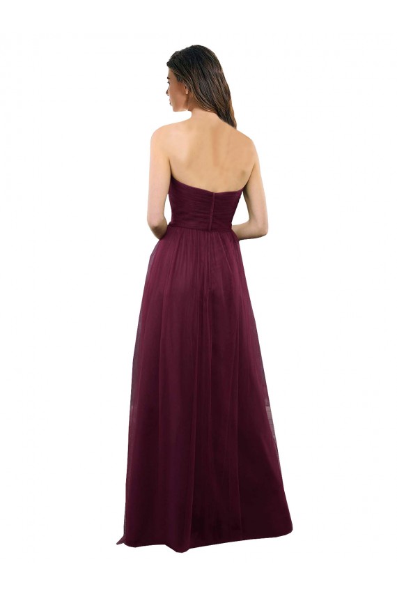 Bordeaux Trapèze Sans bretelle Tulle Longue Robes demoiselle d'honneur Pas Chère