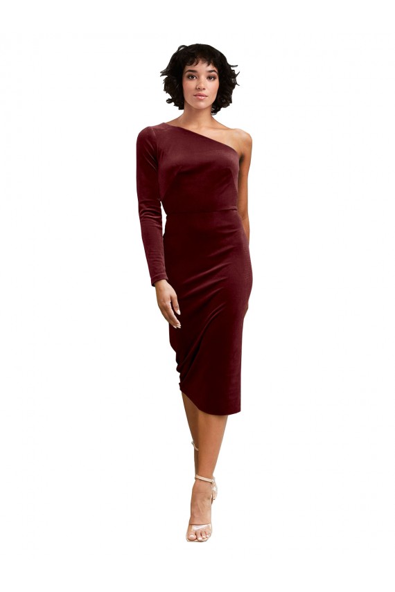 Bordeaux Trapèze midi Velours Stretch Courte Robes demoiselle d'honneur / Robes de bal Pas Chère