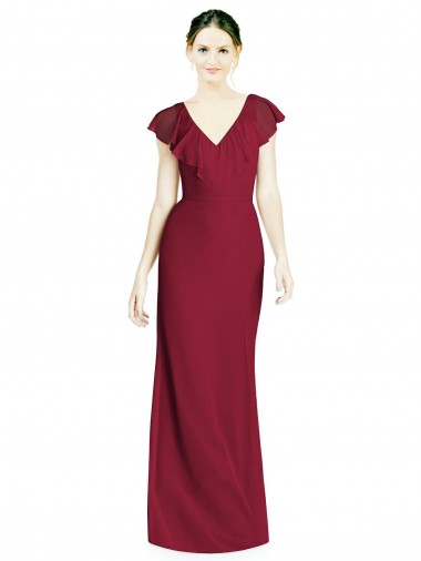 Bordeaux Trompette Col V Mousseline Longue Robes demoiselle d'honneur Pas Chre