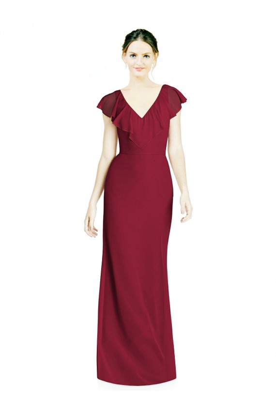 Bordeaux Trompette Col V Mousseline Longue Robes demoiselle d'honneur Pas Chère