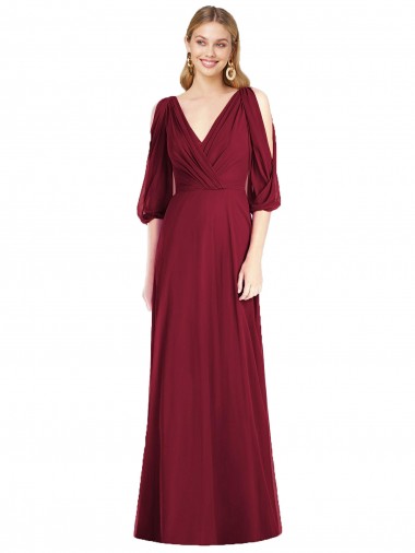 Bordeaux Trompette Col V Mousseline Longue Robes demoiselle d'honneur Pas Chre