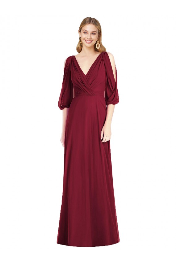 Bordeaux Trompette Col V Mousseline Longue Robes demoiselle d'honneur Pas Chère