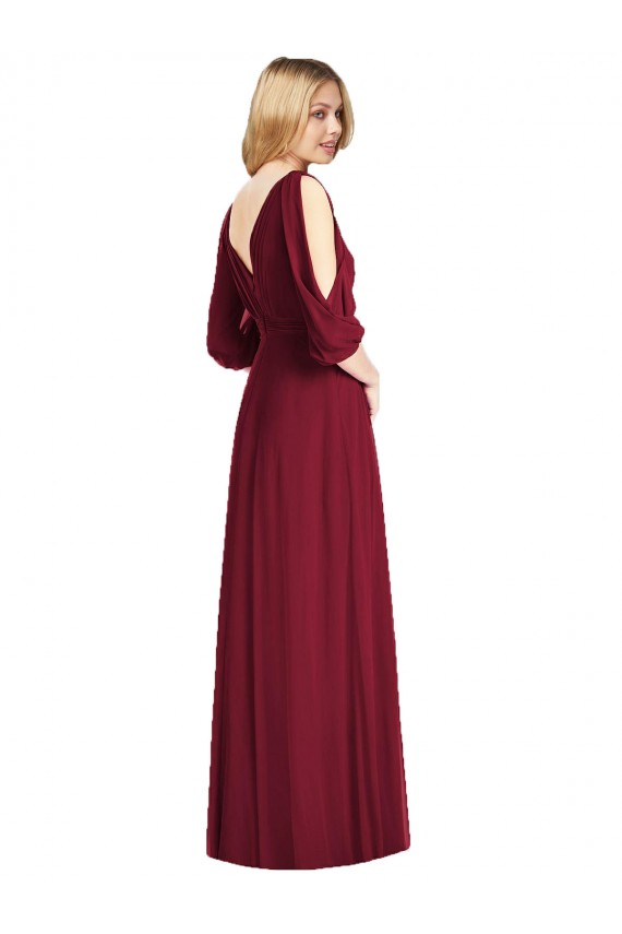 Bordeaux Trompette Col V Mousseline Longue Robes demoiselle d'honneur Pas Chère