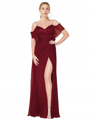 Bordeaux Trompette Épaule Dénudée Mousseline Longue Formelles Robes demoiselle d'honneur / Robes de soirée / Robes de bal Pas Chre