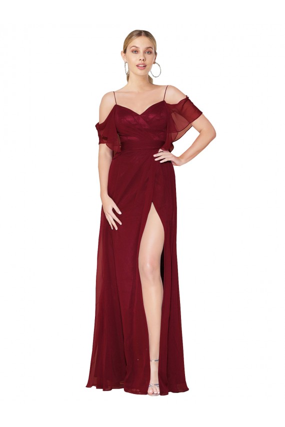 Bordeaux Trompette Épaule Dénudée Mousseline Longue Formelles Robes demoiselle d'honneur / Robes de soirée / Robes de bal Pas Chère