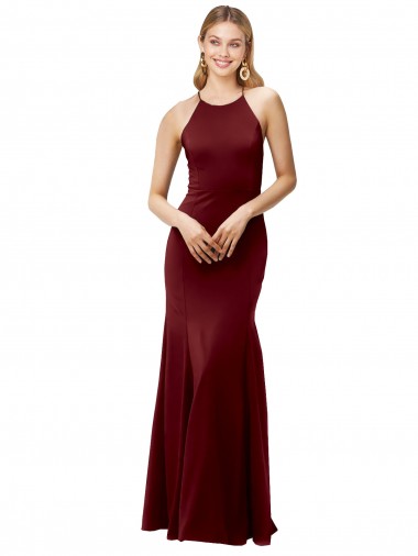 Bordeaux foncé Sirène Licou Col Haut Crêpe Stretch Longue Formelles Robes demoiselle d'honneur / Robes de soirée / Robes de bal Pas Chre