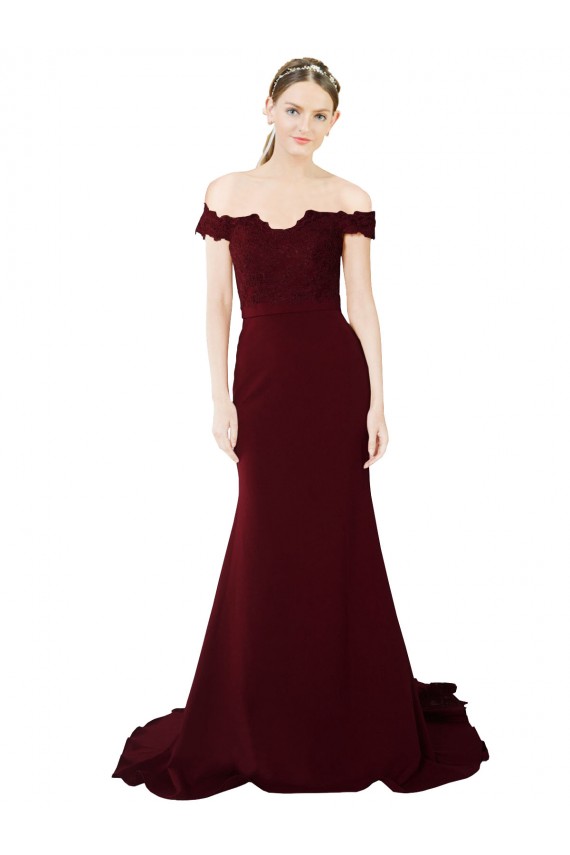 Bordeaux foncé Sirène Épaule Dénudée Balayage train Crêpe Stretch Dentelle Longue Formelles Robes demoiselle d'honneur / Robes de soirée / Robes de bal Pas Chère