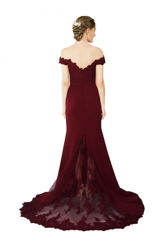 Bordeaux foncé Sirène Épaule Dénudée Balayage train Crêpe Stretch Dentelle Longue Formelles Robes demoiselle d'honneur / Robes de soirée / Robes de bal Pas Chère