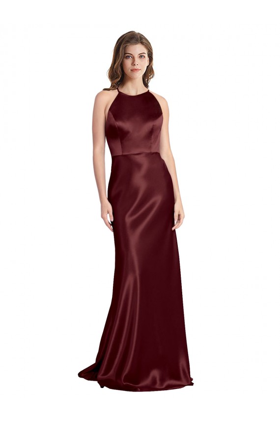 Bordeaux foncé Trapèze Bretelles spaghetti Col V Satiné Stretch Longue Formelles Robes demoiselle d'honneur / Robes de soirée / Robes de bal Pas Chère
