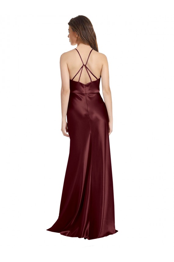 Bordeaux foncé Trapèze Bretelles spaghetti Col V Satiné Stretch Longue Formelles Robes demoiselle d'honneur / Robes de soirée / Robes de bal Pas Chère