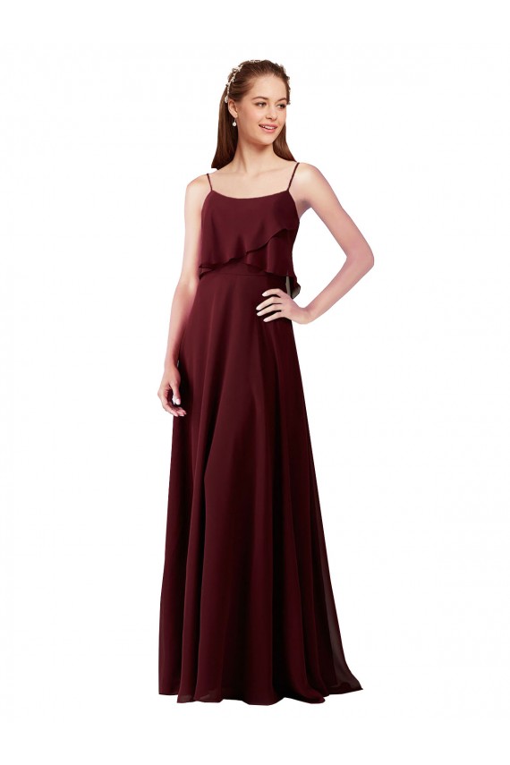 Bordeaux foncé Trapèze Bretelles spaghetti Mousseline Longue Robes demoiselle d'honneur Pas Chère