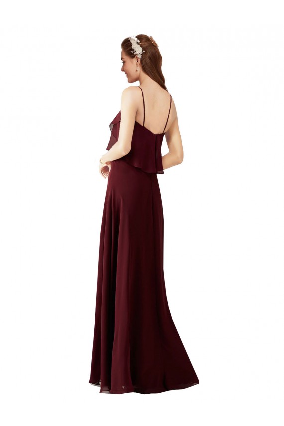 Bordeaux foncé Trapèze Bretelles spaghetti Mousseline Longue Robes demoiselle d'honneur Pas Chère