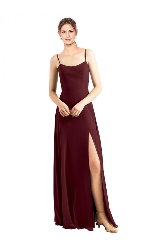 Bordeaux foncé Trapèze Bretelles spaghetti Scoop Mousseline Longue Robes demoiselle d'honneur Pas Chère