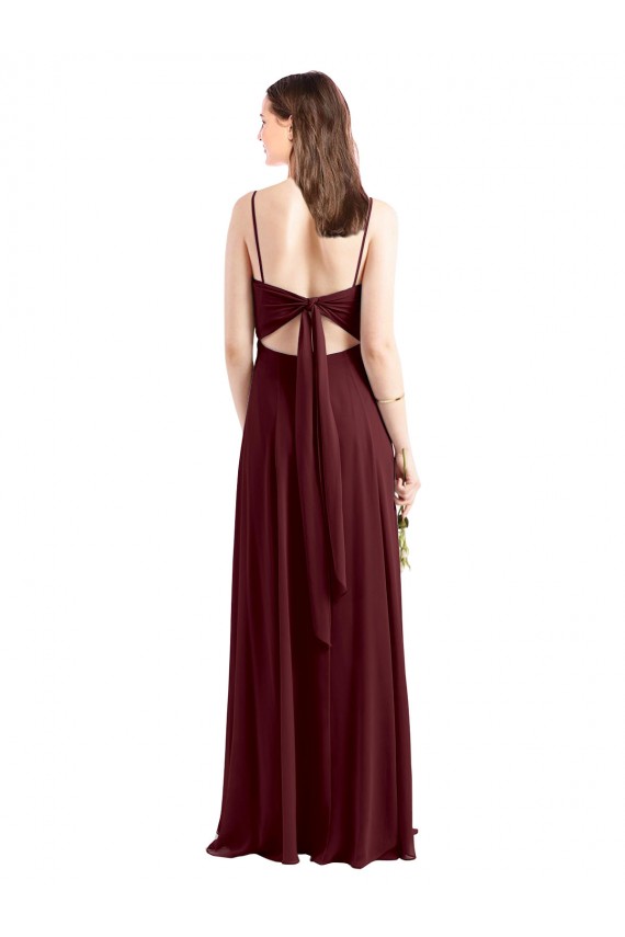 Bordeaux foncé Trapèze Bretelles spaghetti Scoop Mousseline Longue Robes demoiselle d'honneur Pas Chère