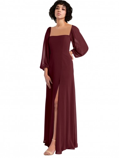 Bordeaux foncé Trapèze Col Carré Mousseline Longue Robes demoiselle d'honneur Pas Chre