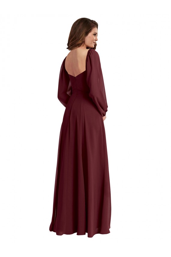 Bordeaux foncé Trapèze Col Carré Mousseline Longue Robes demoiselle d'honneur Pas Chère