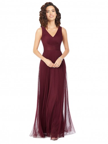 Bordeaux foncé Trapèze Col V Tulle Longue Robes demoiselle d'honneur Pas Chre