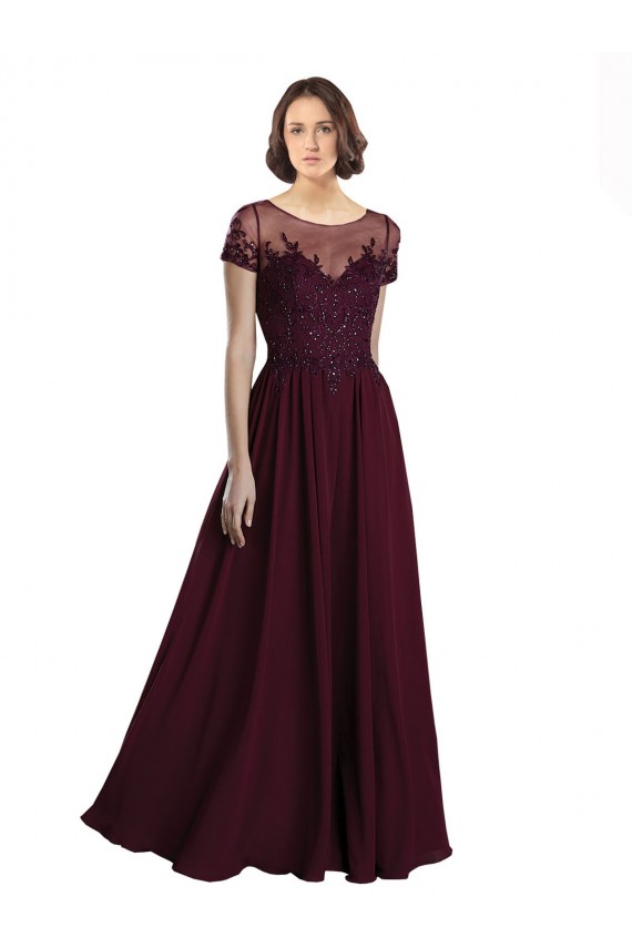 Bordeaux foncé Trapèze Col bijou Tulle Mousseline Longue Robes demoiselle d'honneur Pas Chère