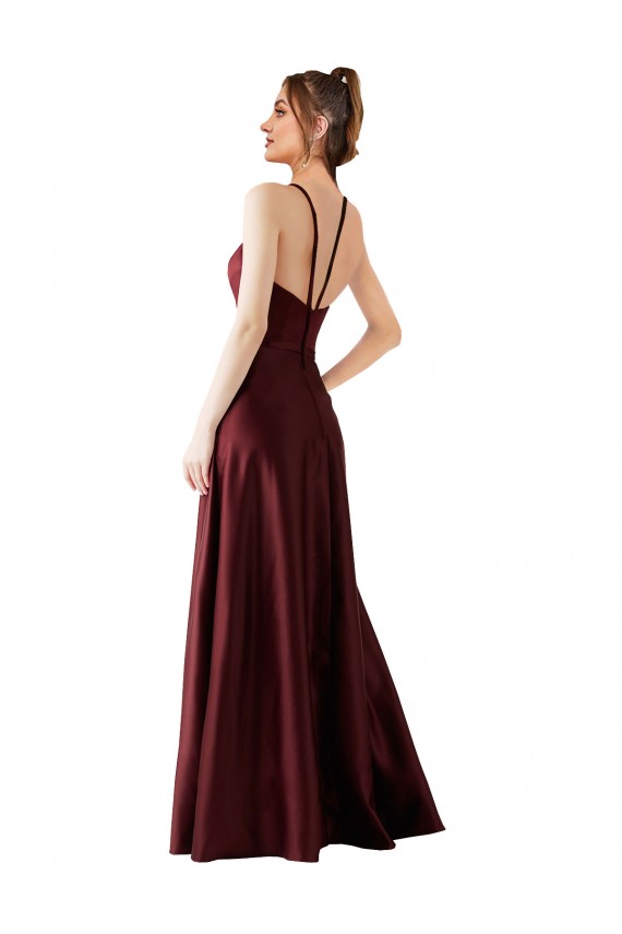 Bordeaux foncé Trapèze Licou Satiné Longue Robes demoiselle d'honneur / Robes de bal Pas Chère