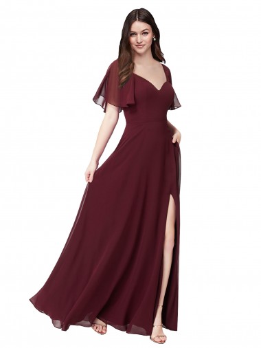 Bordeaux foncé Trapèze Mousseline Longue Robes demoiselle d'honneur Pas Chre