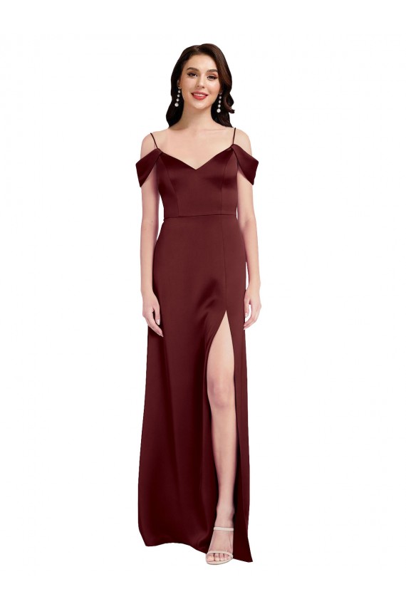 Bordeaux foncé Trapèze Épaule Dénudée Col V Satiné Stretch Longue Formelles Robes demoiselle d'honneur / Robes de soirée / Robes de bal Pas Chère