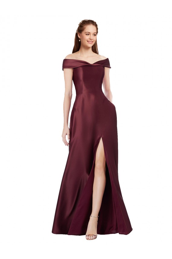 Bordeaux foncé Trapèze Épaule Dénudée Sans bretelle Satiné Longue Formelles Robes demoiselle d'honneur / Robes de soirée / Robes de bal Pas Chère