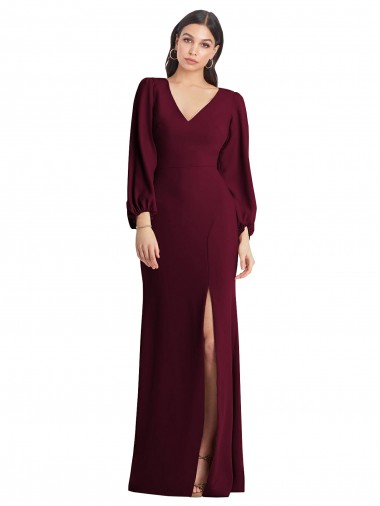 Bordeaux foncé Trompette Col V Crêpe Stretch Longue Robes demoiselle d'honneur / Robes de bal Pas Chre