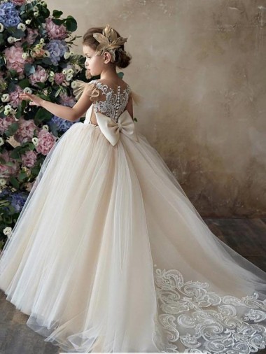 Champagne Princesse Tulle Dentelle Longue Robes de demoiselle d'honneur - fillette Pas Chre