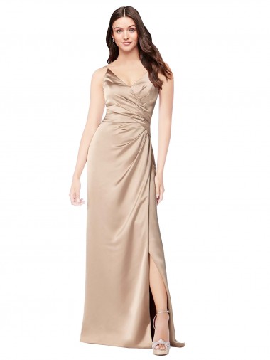 Champagne Rose Trapèze Bretelles spaghetti Col V Satiné Soyeux Longue Formelles Robes demoiselle d'honneur / Robes de soirée / Robes de bal Pas Chre