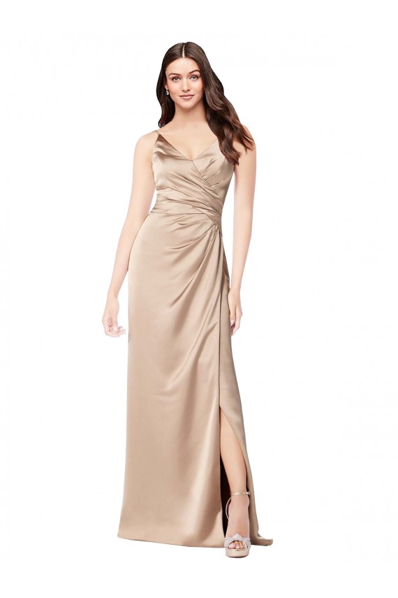 Champagne Rose Trapèze Bretelles spaghetti Col V Satiné Soyeux Longue Formelles Robes demoiselle d'honneur / Robes de soirée / Robes de bal Pas Chère
