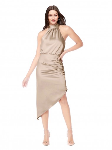 Champagne Rose Trapèze Licou midi Satiné Soyeux Courte Asymétrique Robes demoiselle d'honneur / Robes de bal / Robes de cocktail Pas Chre
