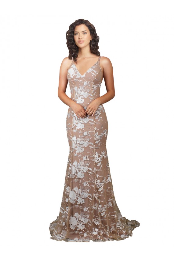 Champagne Sirène Col V Balayage train Dentelle Robes de mariée Pas Chère