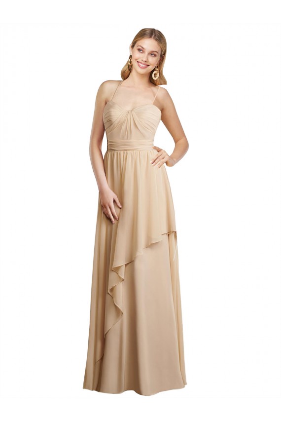 Champagne Trapèze Bretelles spaghetti Mousseline Longue Robes demoiselle d'honneur Pas Chère