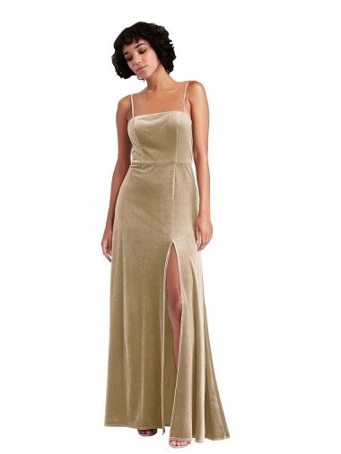 Champagne Trapèze Col Carré Velours Stretch Longue Formelles Robes demoiselle d'honneur / Robes de soirée / Robes de bal Pas Chre