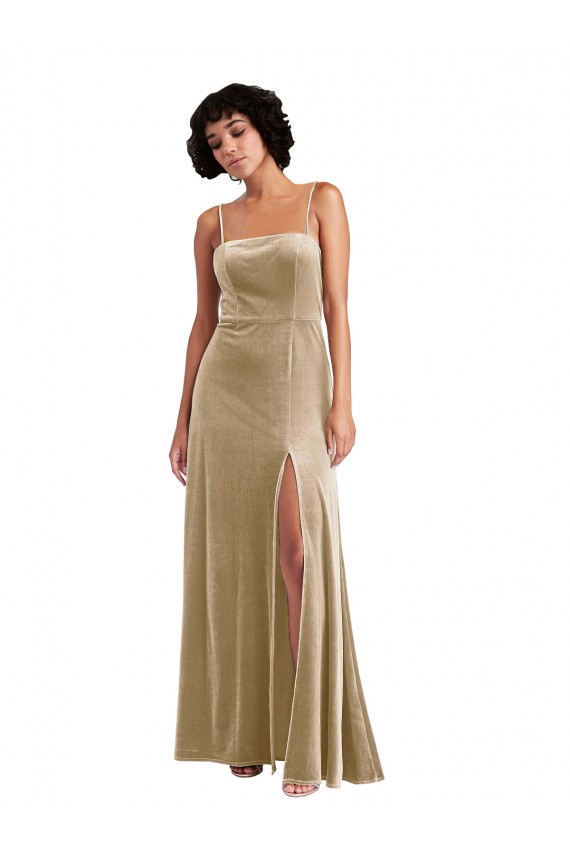 Champagne Trapèze Col Carré Velours Stretch Longue Formelles Robes demoiselle d'honneur / Robes de soirée / Robes de bal Pas Chère