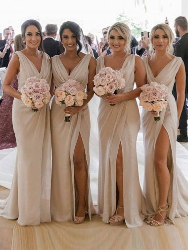 Champagne Trapèze Col V Mousseline Longue Robes demoiselle d'honneur Pas Chre