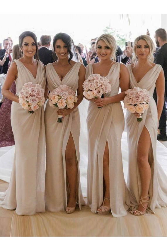 Champagne Trapèze Col V Mousseline Longue Robes demoiselle d'honneur Pas Chère
