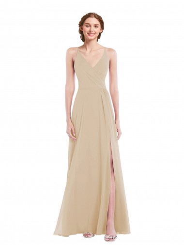 Champagne Trapèze Col V Mousseline Longue Robes demoiselle d'honneur Pas Chre