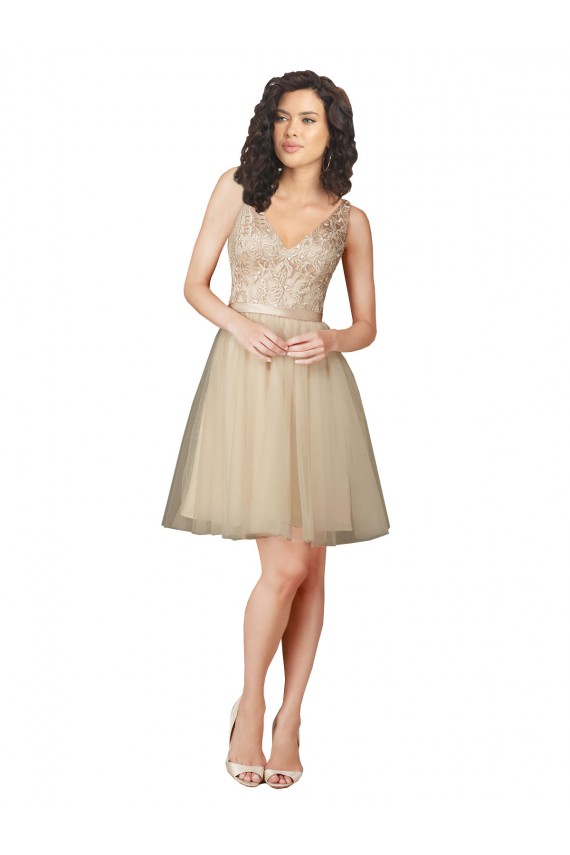 Champagne Trapèze Col V Tulle Dentelle Courte Robes demoiselle d'honneur Pas Chère