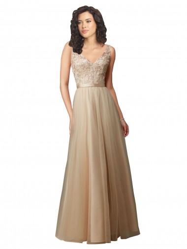 Champagne Trapèze Col V Tulle Dentelle Longue Robes demoiselle d'honneur Pas Chre