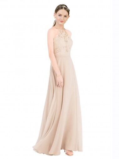 Champagne Trapèze Licou Col Haut Mousseline Dentelle Longue Robes demoiselle d'honneur / Robes de bal Pas Chre